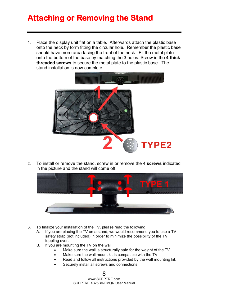 Attaching or removing the stand | Sceptre X325BV-FMQR User Manual | Page 8 / 56