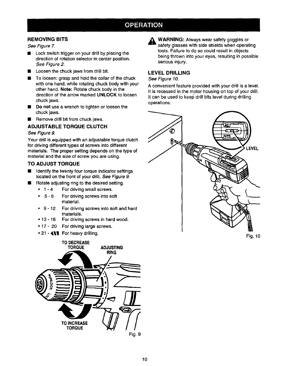 Removing bits, Adjustable torque clutch, To adjust torque | Level drilling, Operation removing bits, Warning | Craftsman 973.111471 User Manual | Page 10 / 16
