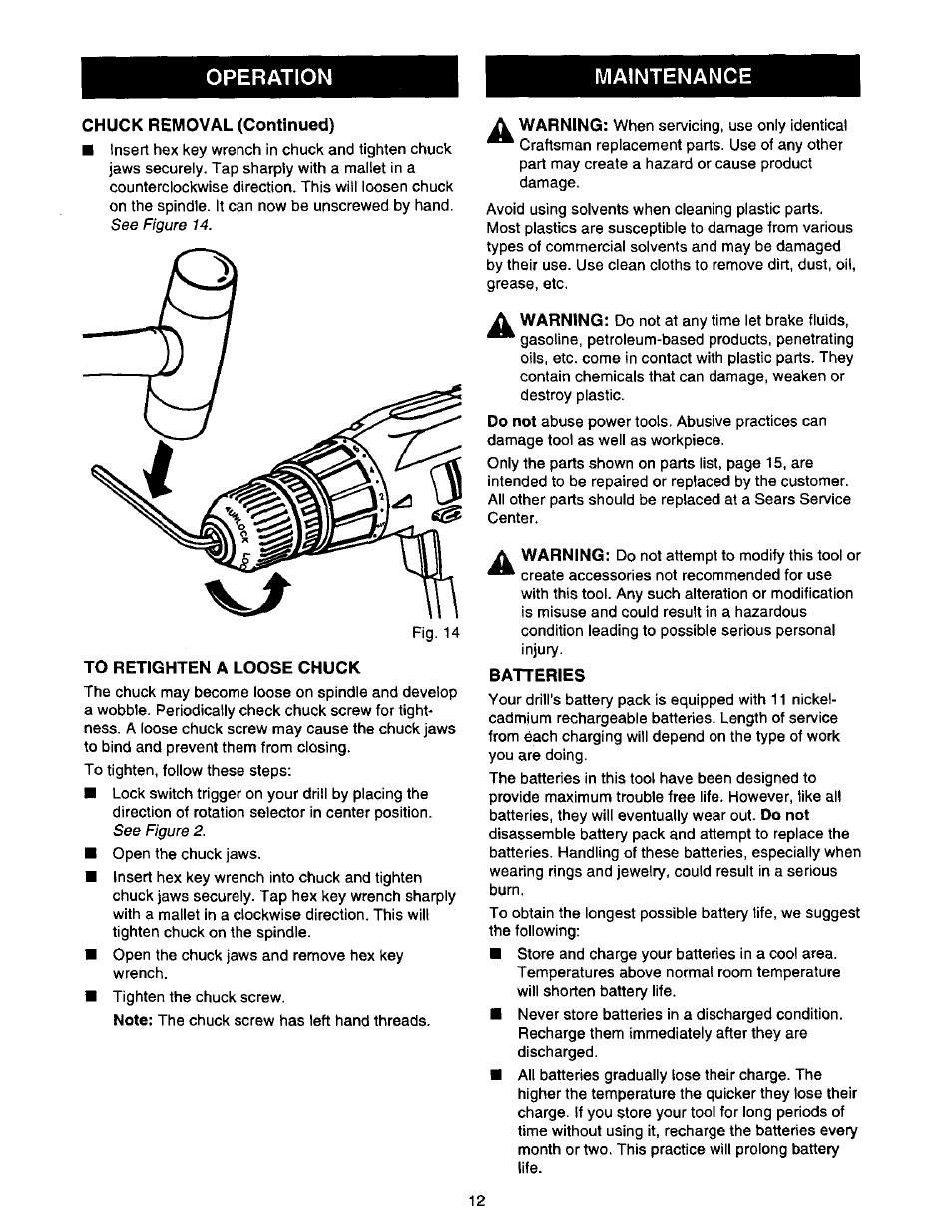 Maintenance, Chuck removal (continued), To retighten a loose chuck | Batteries, Warning, Vv warning, A warning | Craftsman 973.111471 User Manual | Page 12 / 16
