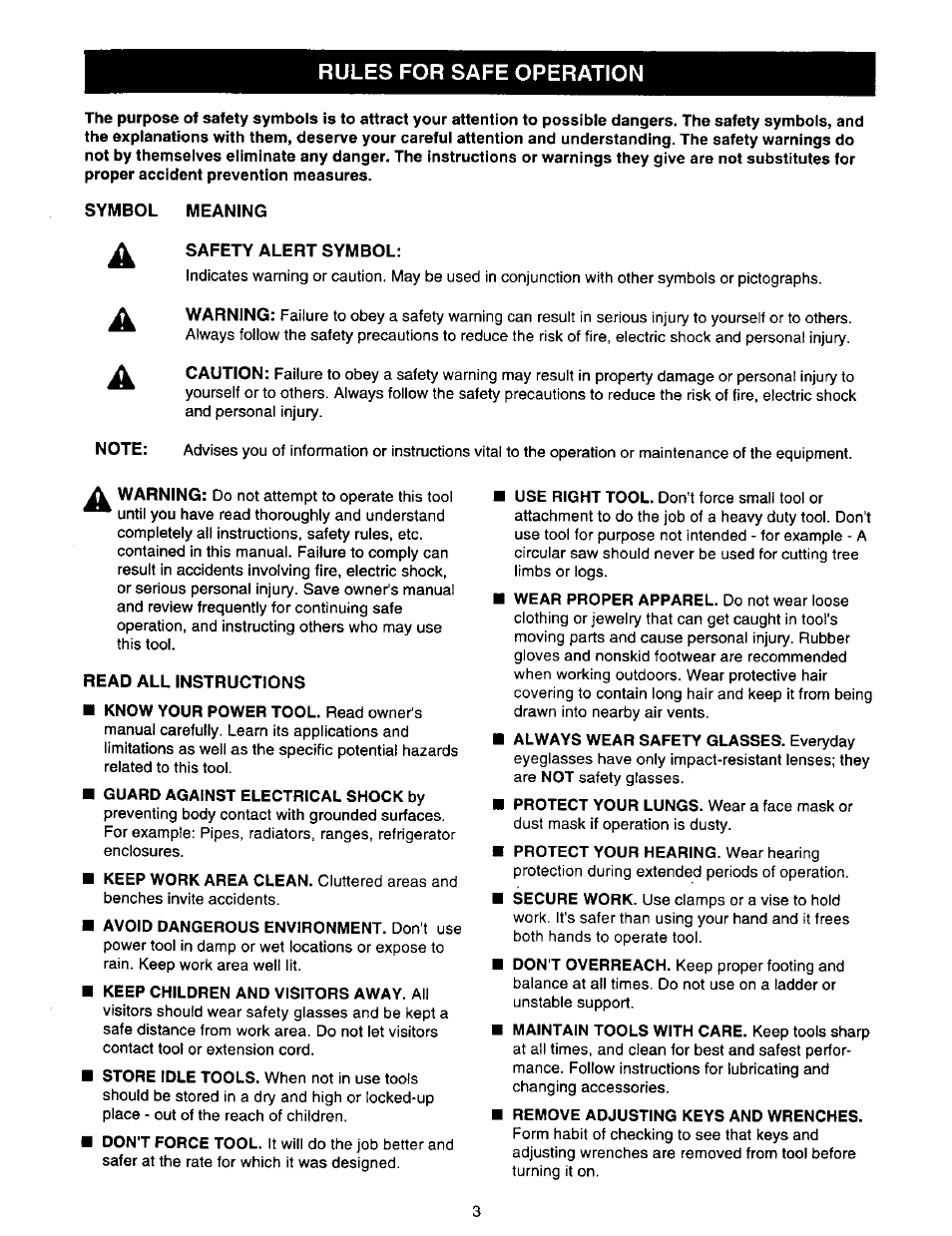 Symbol meaning, Safety alert symbol, Read all instructions | Guard against electrical shock by, Keep children and visitors away. all, Remove adjusting keys and wrenches, Rules for safe operation | Craftsman 973.111471 User Manual | Page 3 / 16