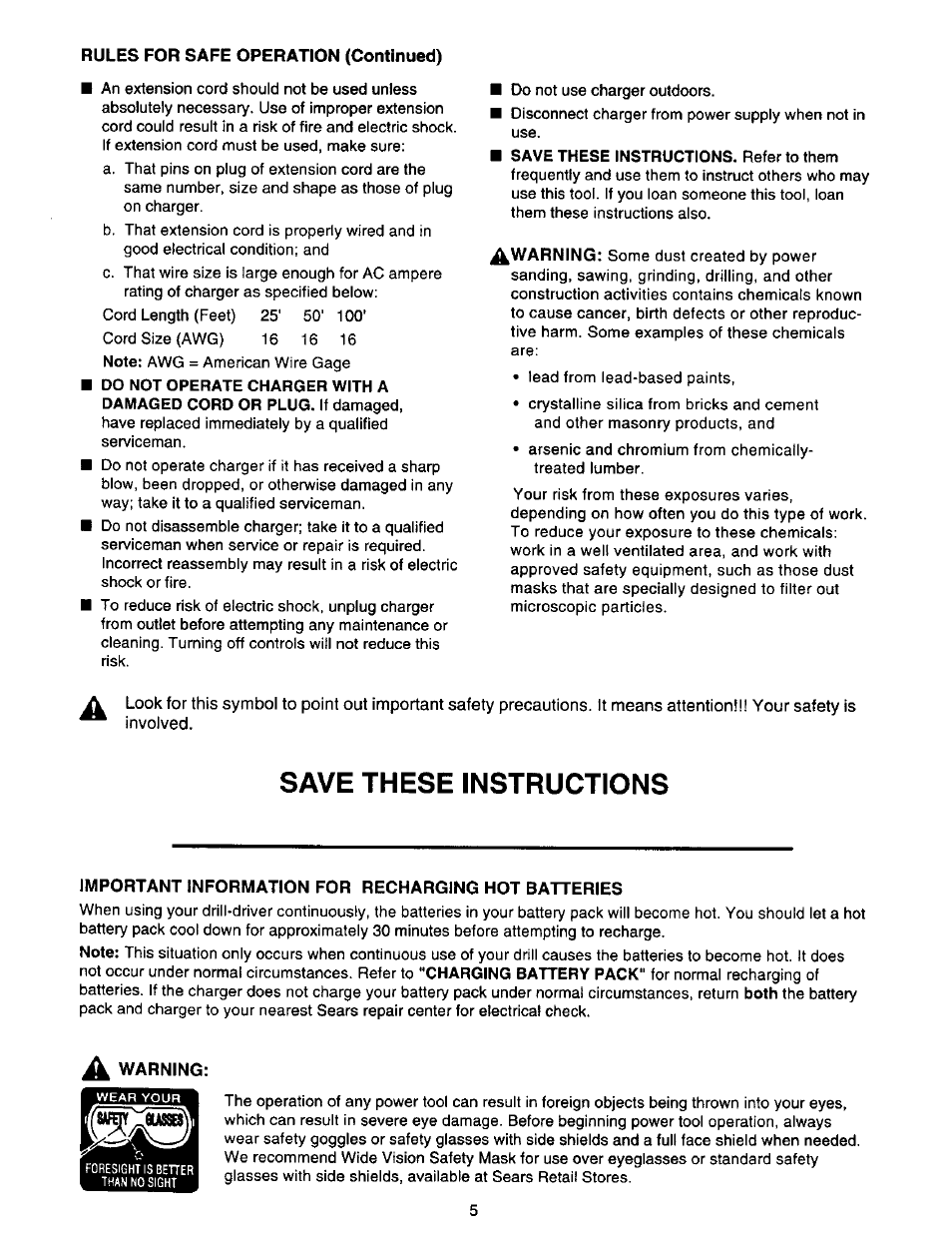 Important information for recharging hot batteries, Save these instructions | Craftsman 973.111471 User Manual | Page 5 / 16