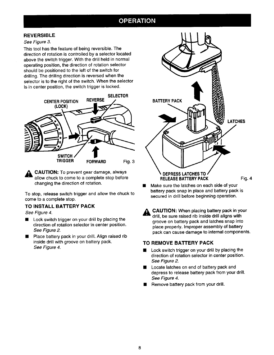 Reversible, To install battery pack, To remove battery pack | Operation reversible, A caution | Craftsman 973.111471 User Manual | Page 8 / 16