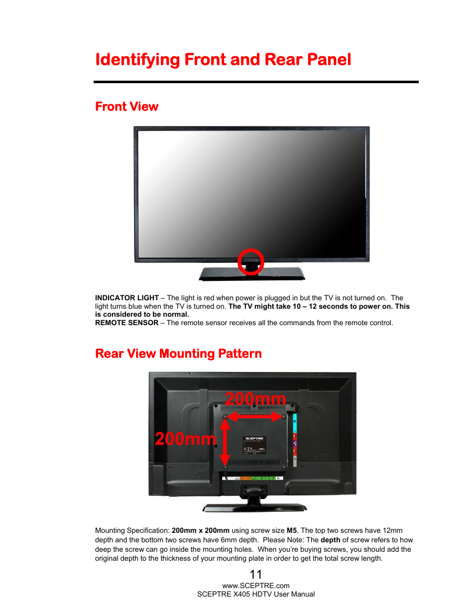 Identifying front and rear panel, Front view, Rear view mounting pattern | Sceptre X405BV-FMQR User Manual | Page 11 / 58