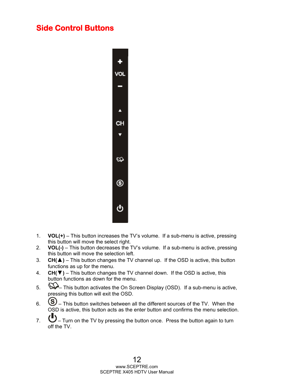 Side control buttons | Sceptre X405BV-FMQR User Manual | Page 12 / 58