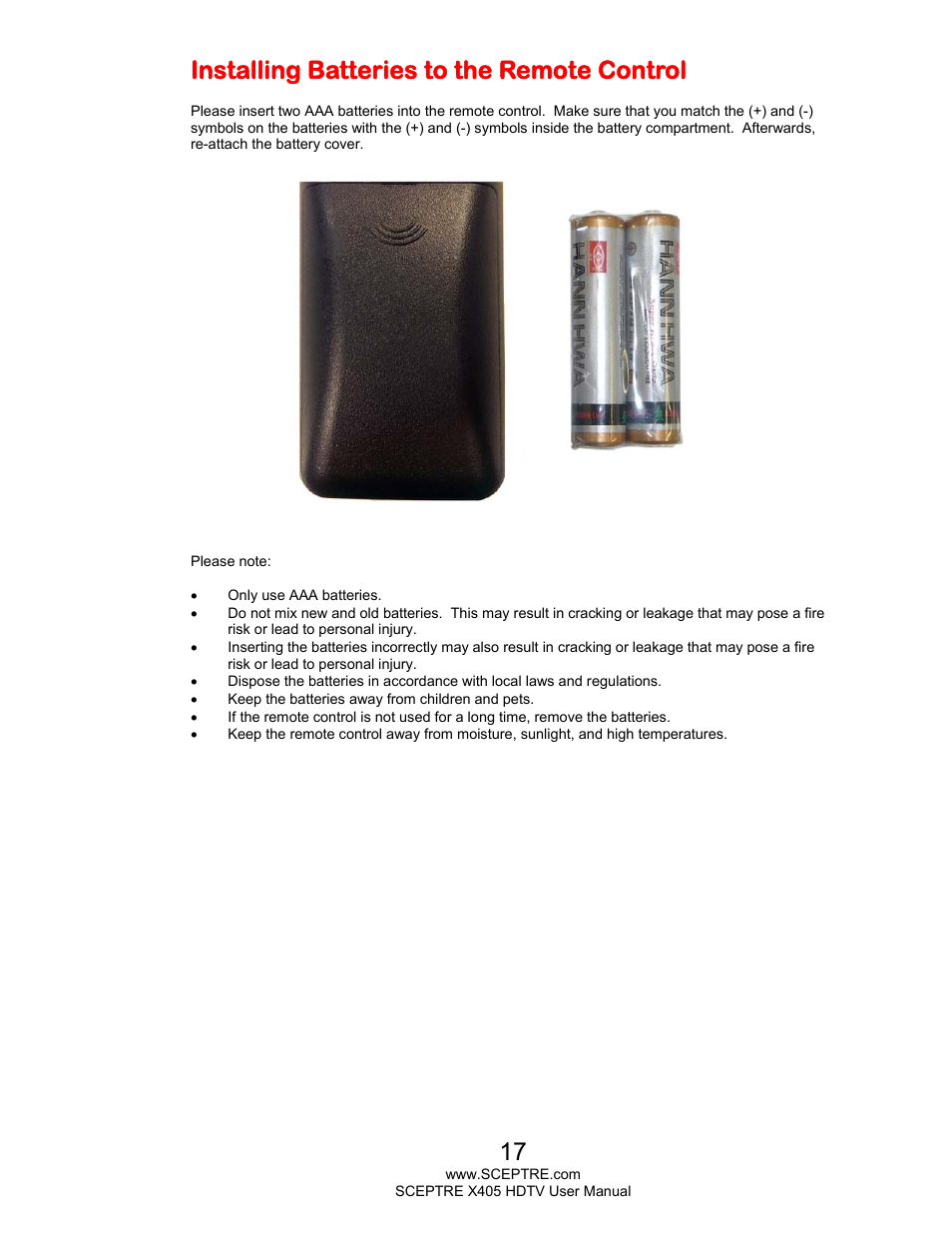 Installing batteries to the remote control | Sceptre X405BV-FMQR User Manual | Page 17 / 58