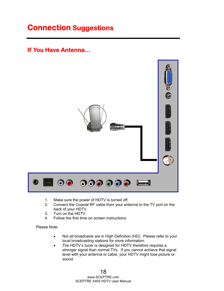 Connection, Suggestions, If you have antenna | Sceptre X405BV-FMQR User Manual | Page 18 / 58
