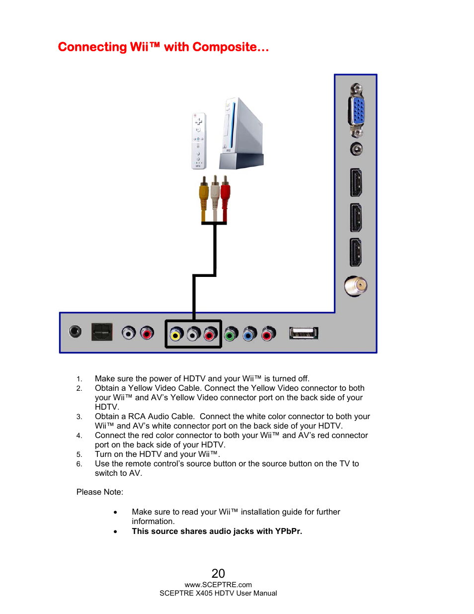Connecting wii™ with composite | Sceptre X405BV-FMQR User Manual | Page 20 / 58