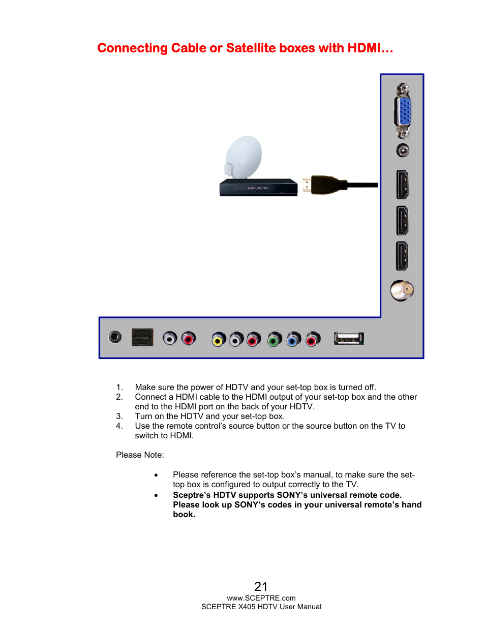 Connecting cable or satellite boxes with hdmi | Sceptre X405BV-FMQR User Manual | Page 21 / 58