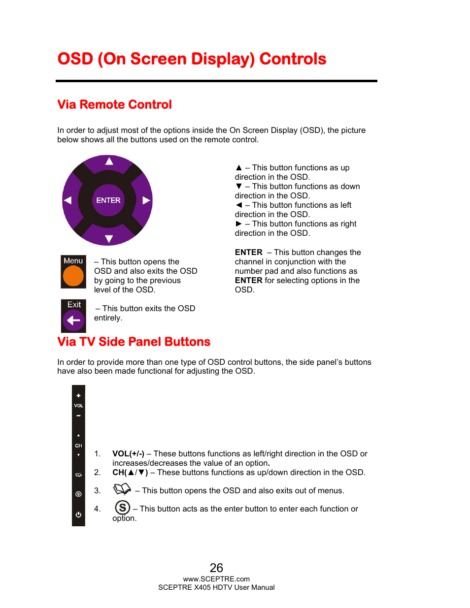 Osd (on screen display) controls, Via remote control, Via tv side panel buttons | Sceptre X405BV-FMQR User Manual | Page 26 / 58