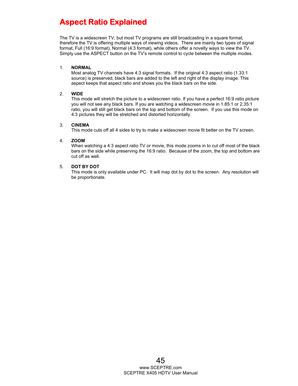 Aspect ratio explained | Sceptre X405BV-FMQR User Manual | Page 45 / 58