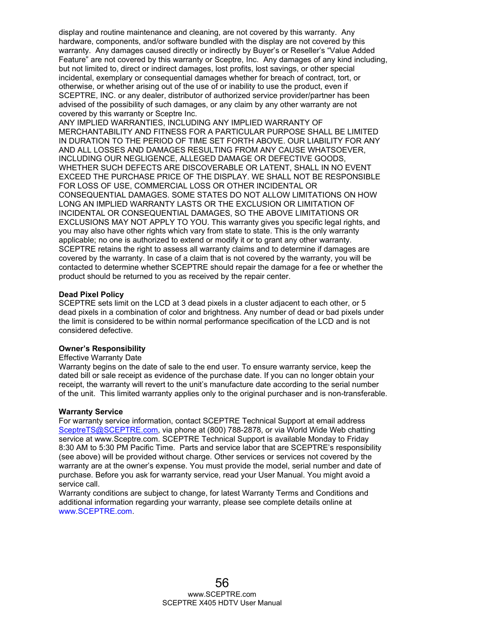 Sceptre X405BV-FMQR User Manual | Page 56 / 58