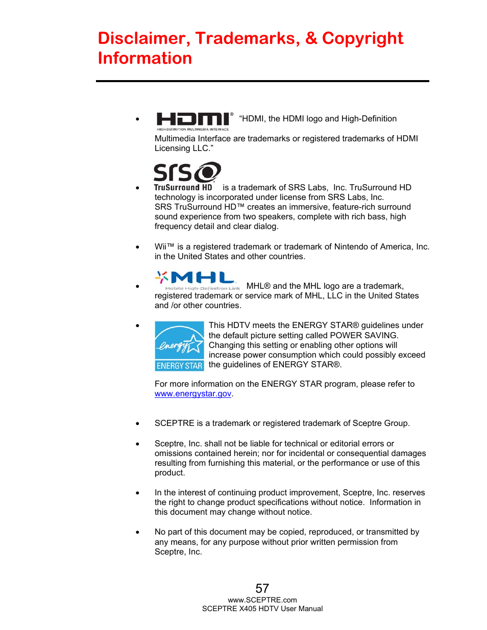 Disclaimer, trademarks, & copyright information | Sceptre X405BV-FMQR User Manual | Page 57 / 58