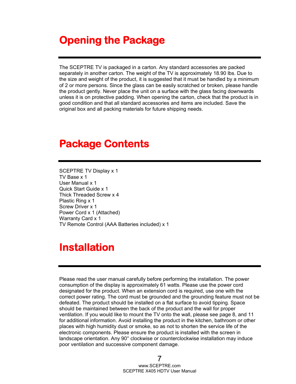 Opening the package, Package contents, Installation | Sceptre X405BV-FMQR User Manual | Page 7 / 58