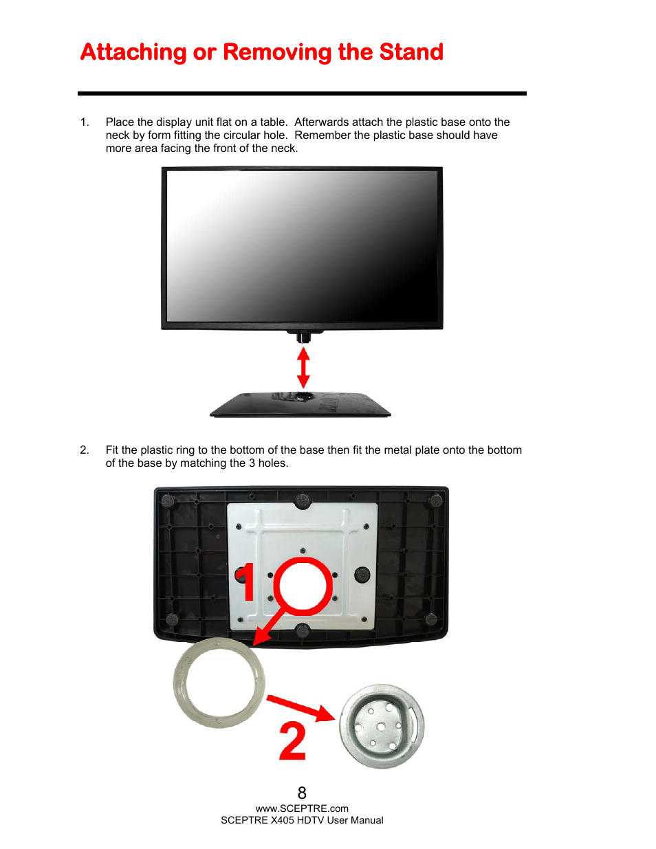 Attaching or removing the stand | Sceptre X405BV-FMQR User Manual | Page 8 / 58