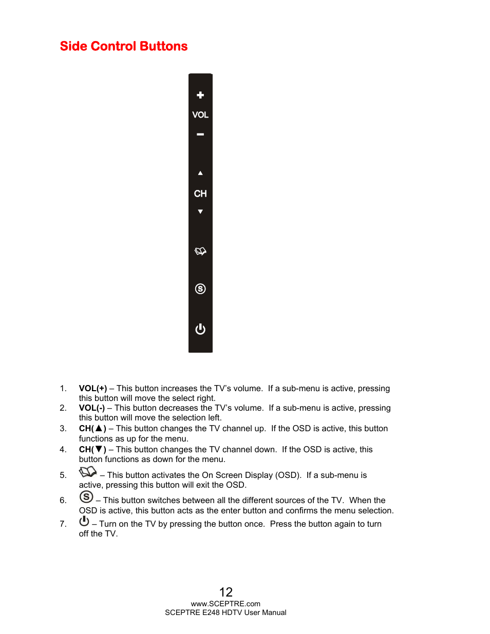 Side control buttons | Sceptre E248BV-FMQR User Manual | Page 12 / 58