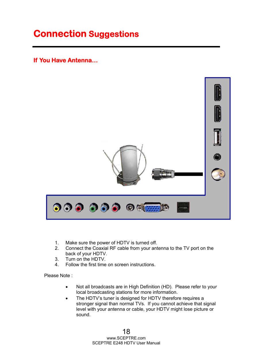 Connection, Suggestions | Sceptre E248BV-FMQR User Manual | Page 18 / 58