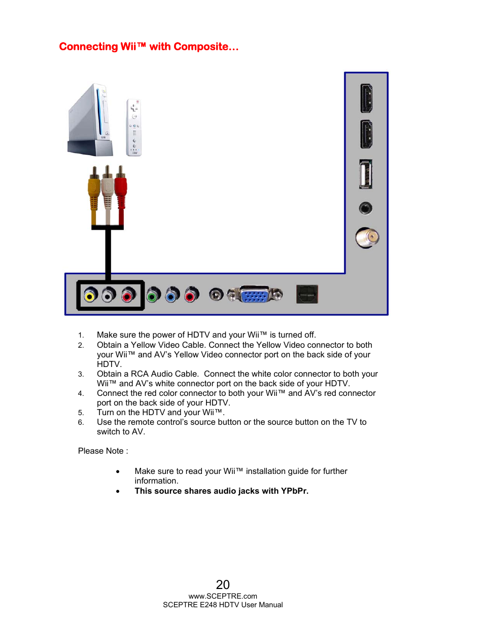 Connecting wii™ with composite | Sceptre E248BV-FMQR User Manual | Page 20 / 58