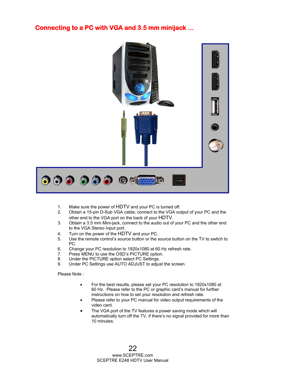 Connecting to a pc with vga and 3.5 mm minijack | Sceptre E248BV-FMQR User Manual | Page 22 / 58