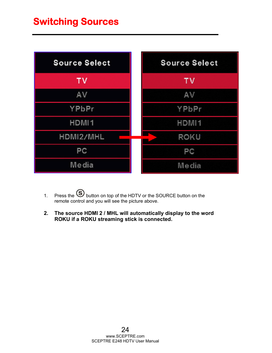 Switching sources | Sceptre E248BV-FMQR User Manual | Page 24 / 58