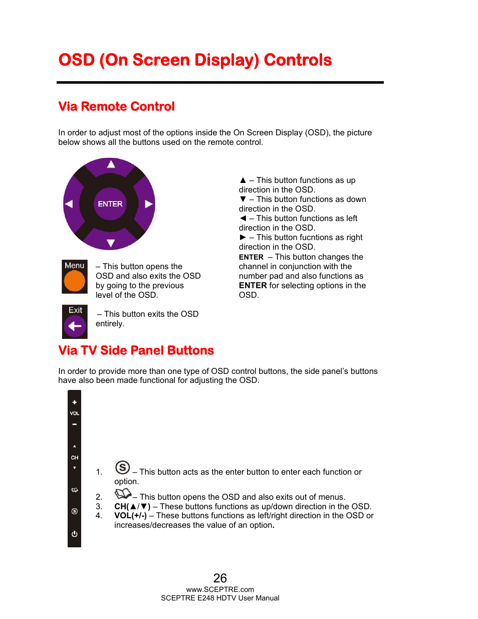 Osd (on screen display) controls, Via remote control, Via tv side panel buttons | Sceptre E248BV-FMQR User Manual | Page 26 / 58