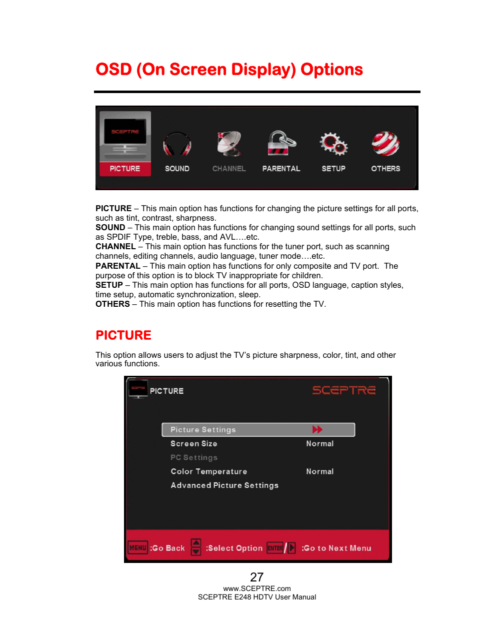 Osd (on screen display) options, Picture | Sceptre E248BV-FMQR User Manual | Page 27 / 58