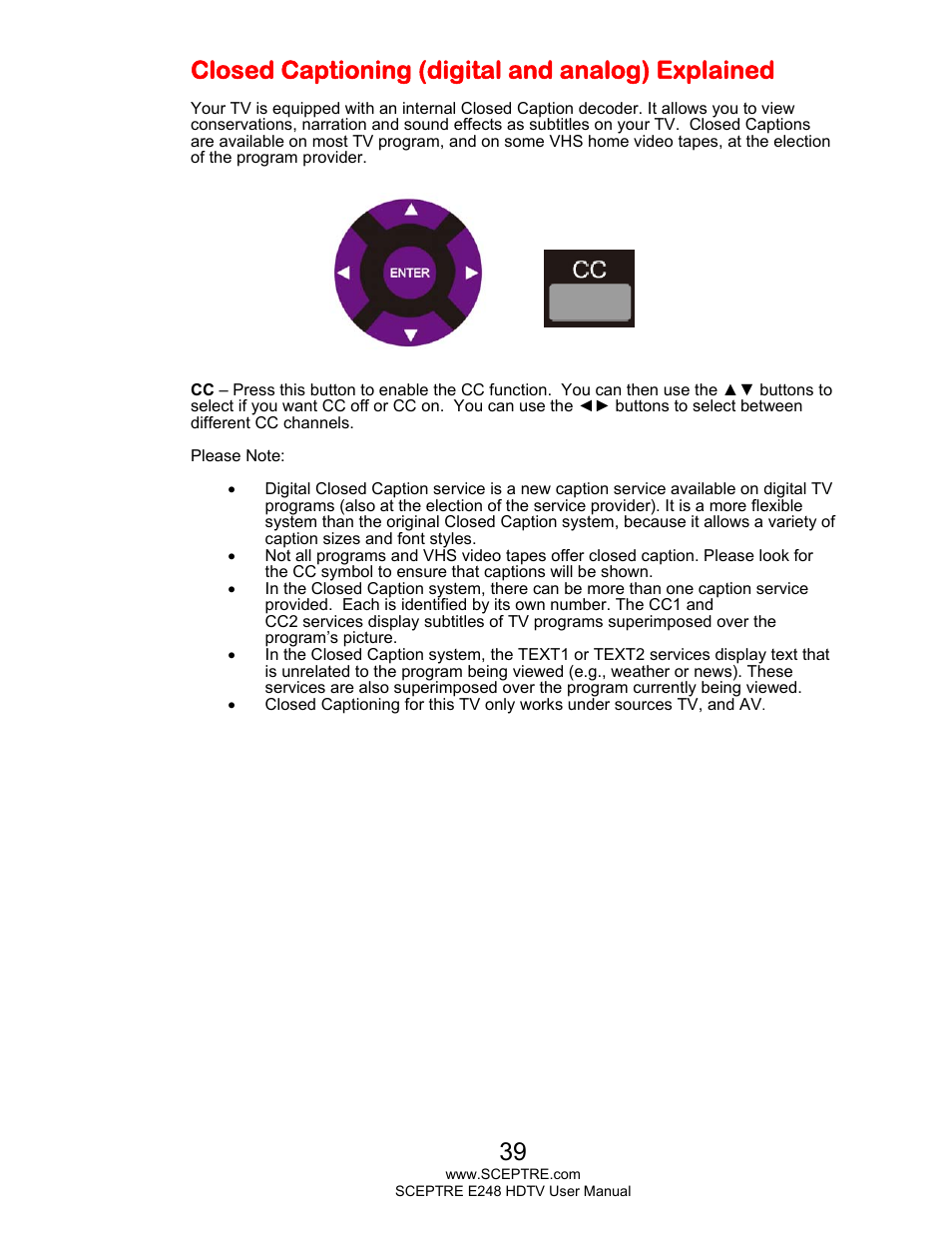 Closed captioning (digital and analog) explained | Sceptre E248BV-FMQR User Manual | Page 39 / 58