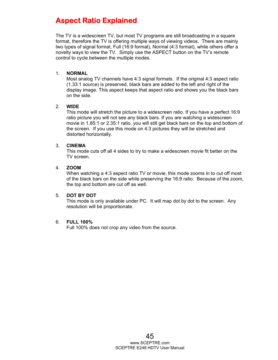 Aspect ratio explained | Sceptre E248BV-FMQR User Manual | Page 45 / 58