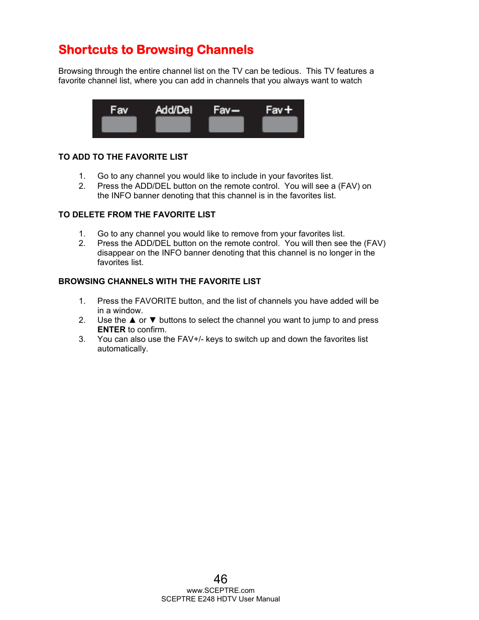 Shortcuts to browsing channels | Sceptre E248BV-FMQR User Manual | Page 46 / 58