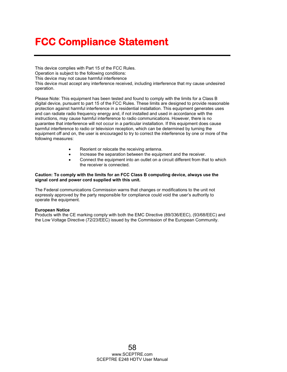 Fcc compliance statement | Sceptre E248BV-FMQR User Manual | Page 58 / 58