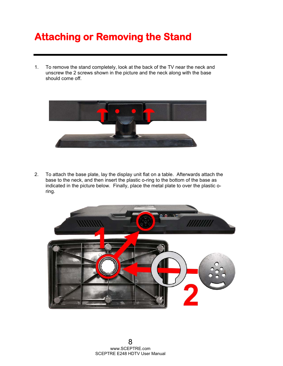 Attaching or removing the stand | Sceptre E248BV-FMQR User Manual | Page 8 / 58