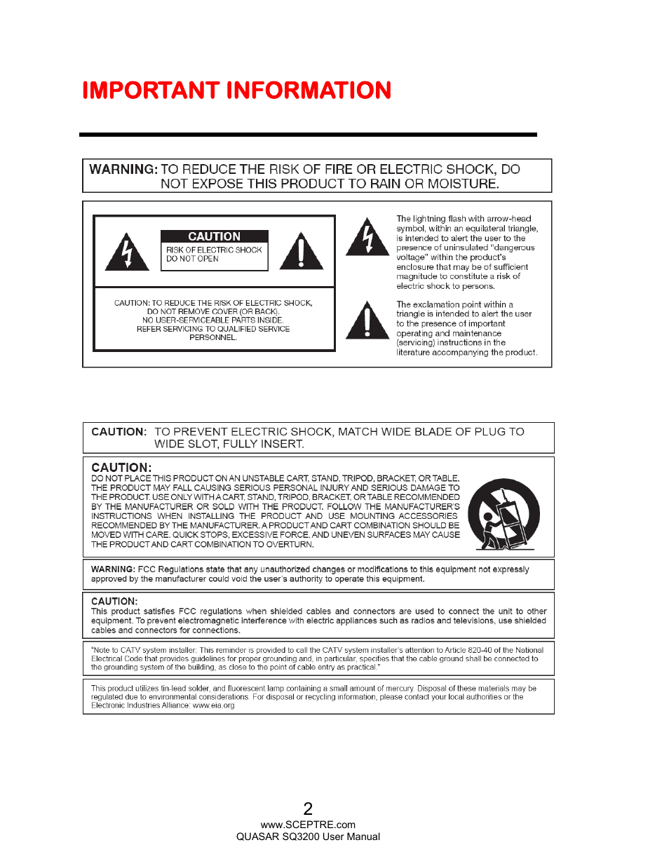 Important information | Sceptre SQ3200 User Manual | Page 2 / 52