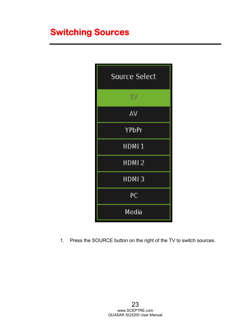 Switching sources | Sceptre SQ3200 User Manual | Page 23 / 52