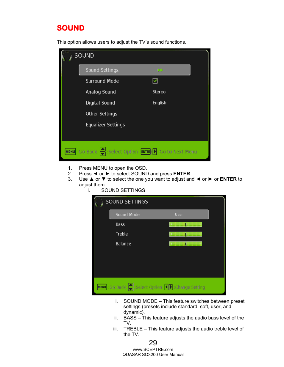 Sound | Sceptre SQ3200 User Manual | Page 29 / 52
