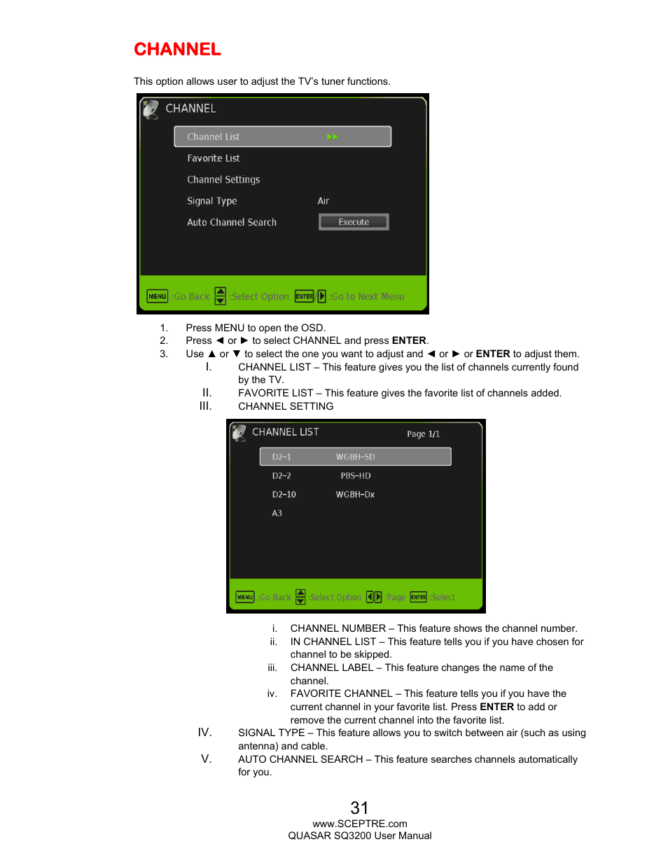 Channel | Sceptre SQ3200 User Manual | Page 31 / 52