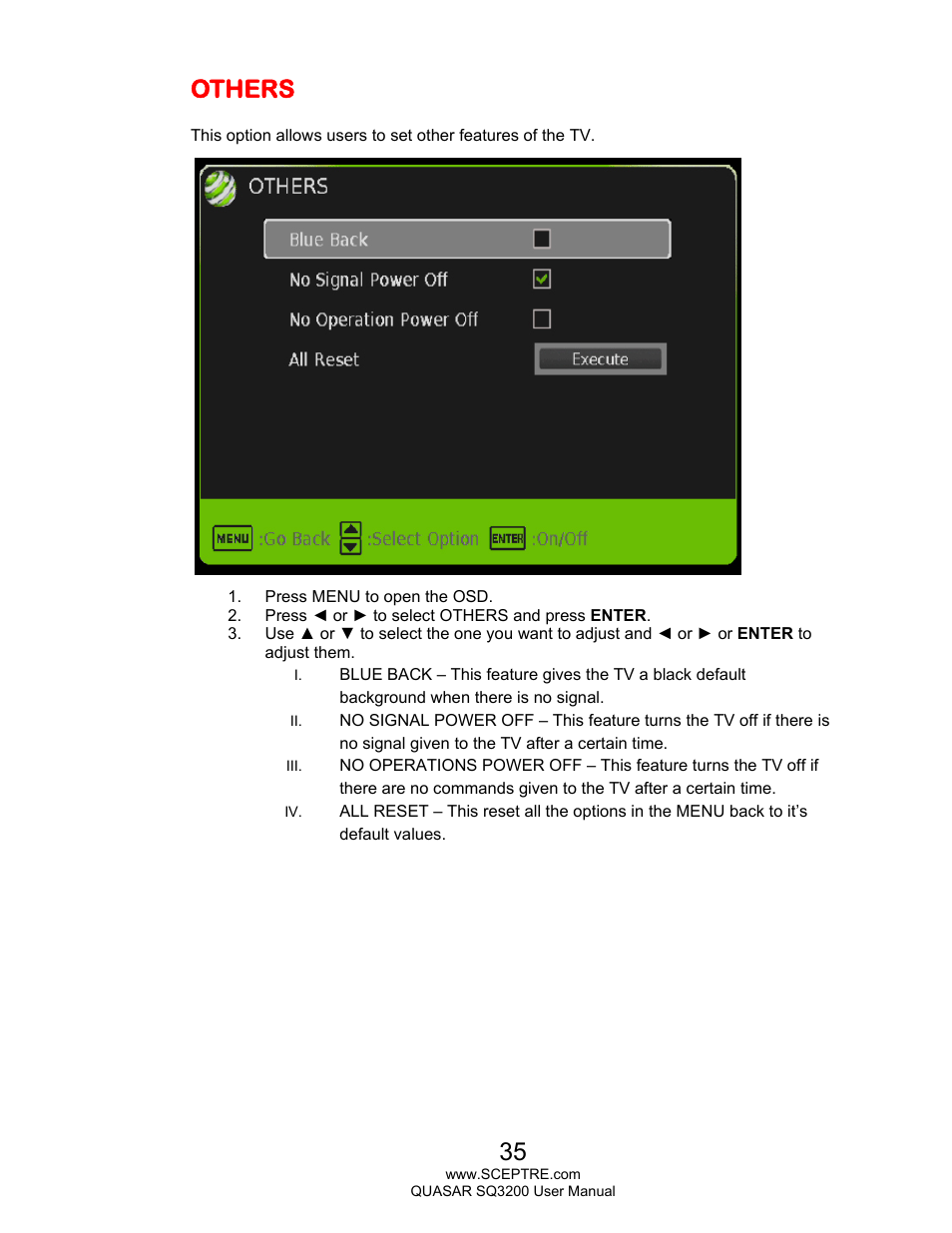 Others | Sceptre SQ3200 User Manual | Page 35 / 52