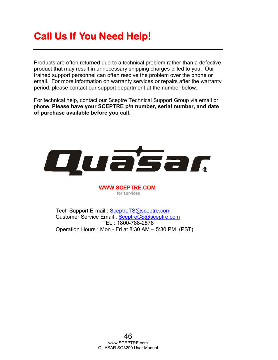 Call us if you need help | Sceptre SQ3200 User Manual | Page 46 / 52
