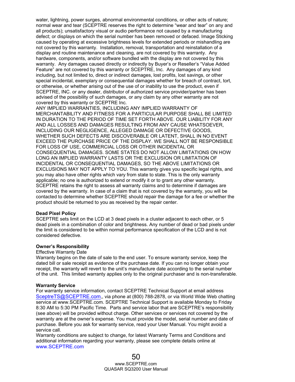 Sceptre SQ3200 User Manual | Page 50 / 52