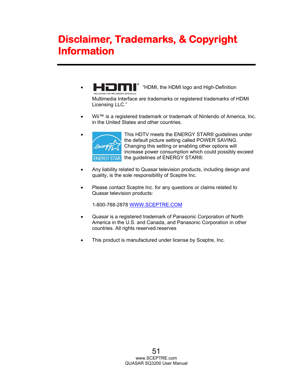 Disclaimer, trademarks, & copyright information | Sceptre SQ3200 User Manual | Page 51 / 52