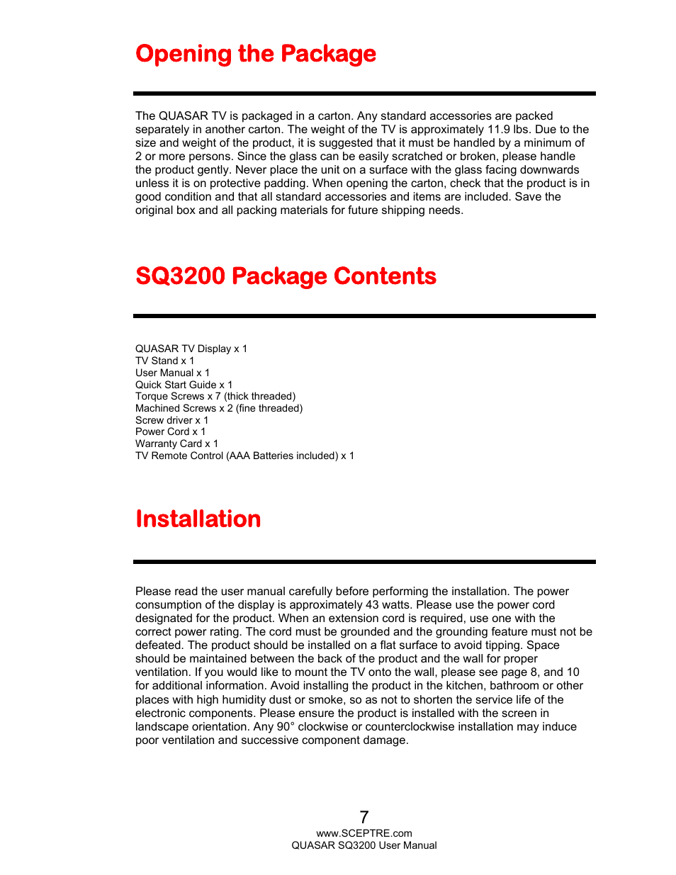 Opening the package, Sq3200 package contents, Installation | Sceptre SQ3200 User Manual | Page 7 / 52