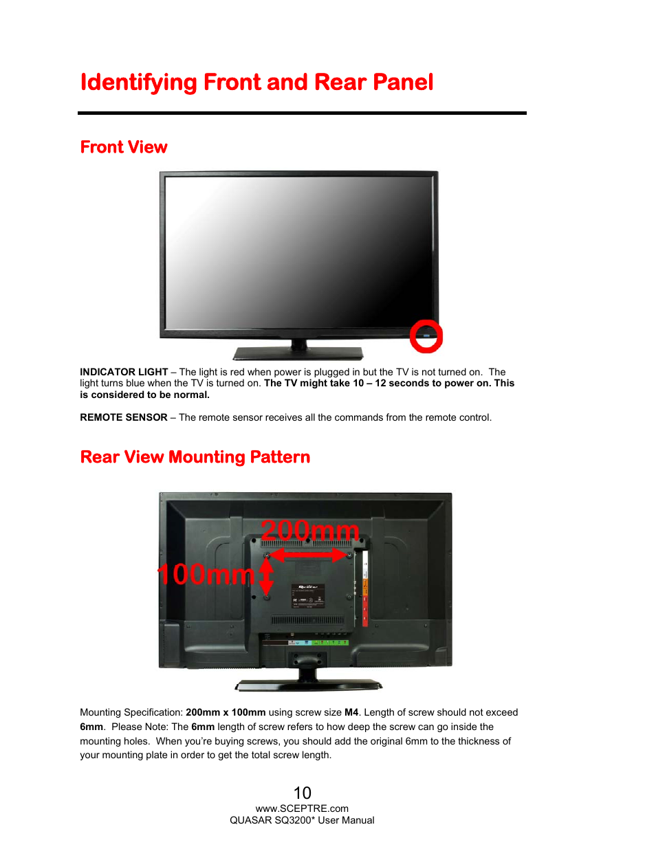 Identifying front and rear panel, Front view, Rear view mounting pattern | Sceptre SQ3200 Star User Manual | Page 10 / 52