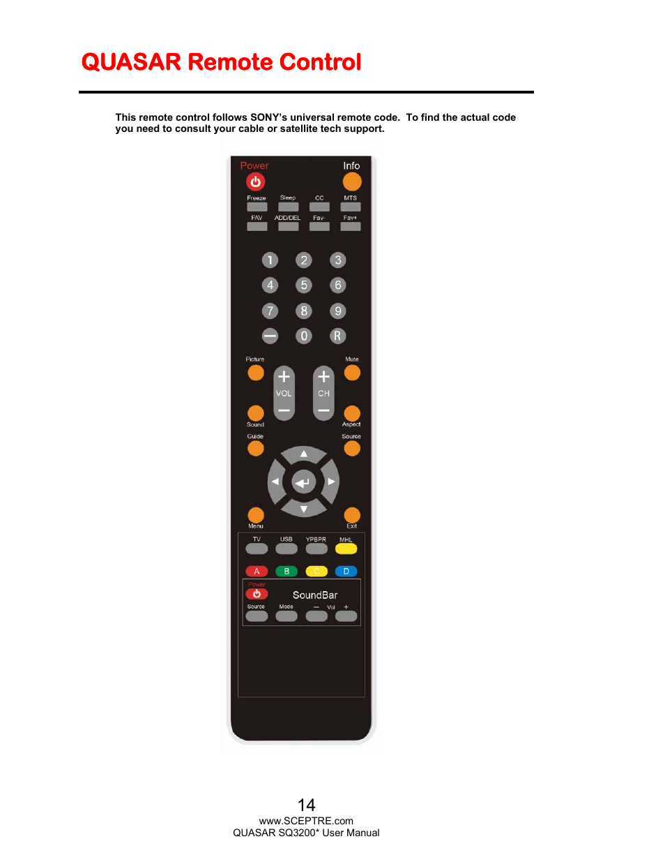 Quasar remote control | Sceptre SQ3200 Star User Manual | Page 14 / 52