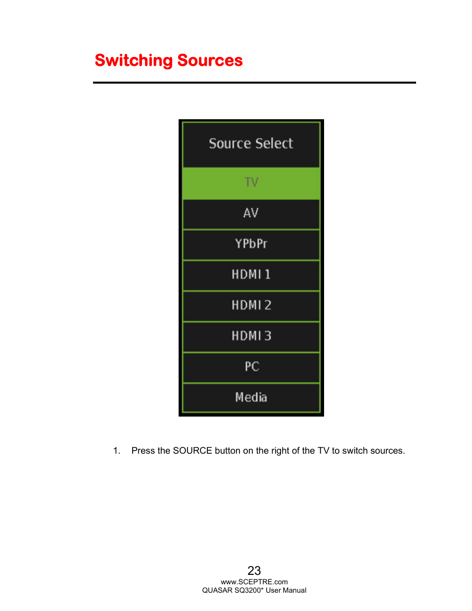 Switching sources | Sceptre SQ3200 Star User Manual | Page 23 / 52
