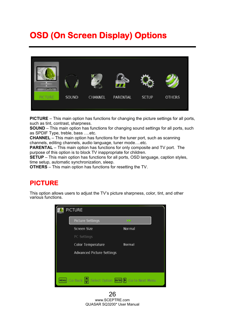 Osd (on screen display) options, Picture | Sceptre SQ3200 Star User Manual | Page 26 / 52
