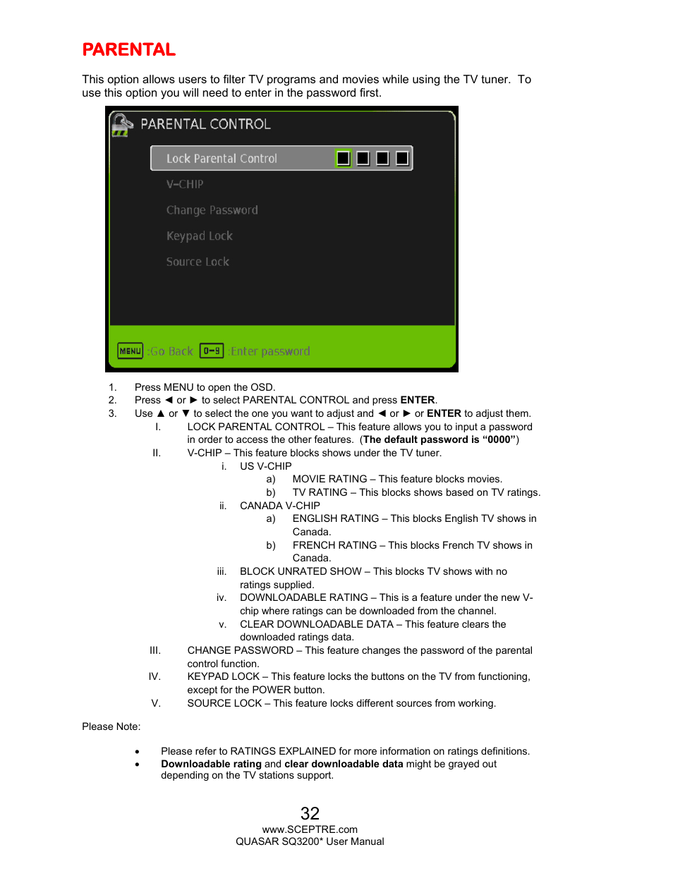 Parental | Sceptre SQ3200 Star User Manual | Page 32 / 52