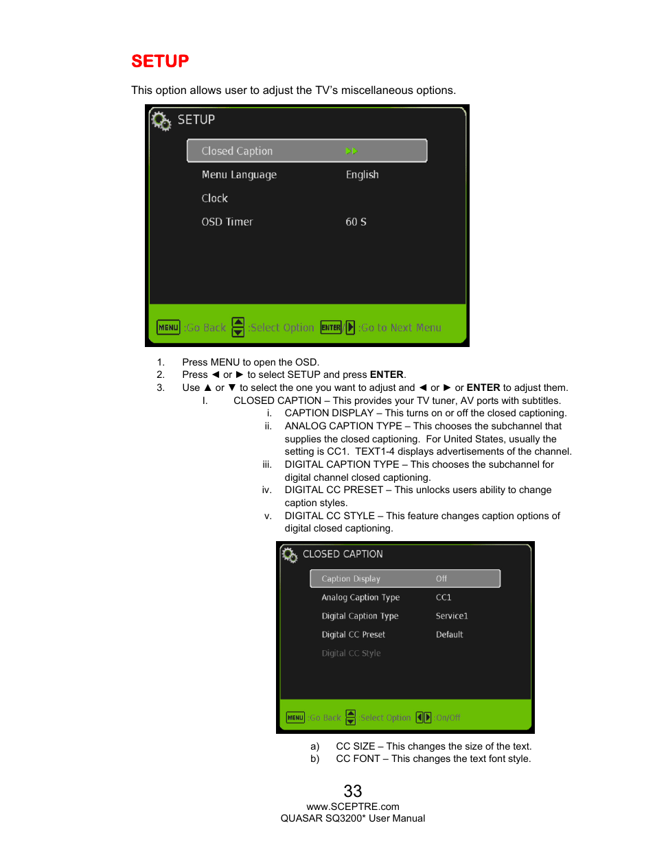 Setup | Sceptre SQ3200 Star User Manual | Page 33 / 52