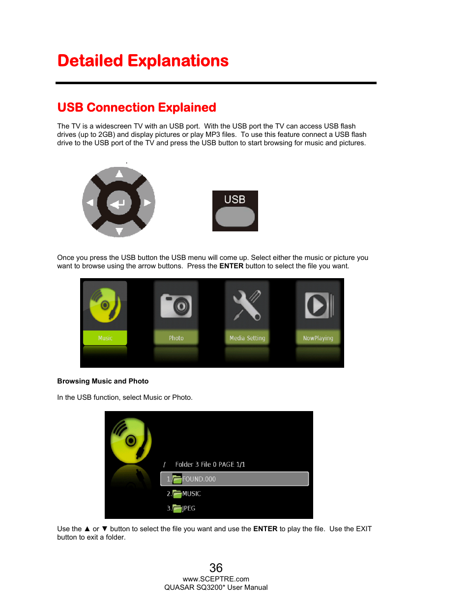 Detailed explanations, Usb connection explained | Sceptre SQ3200 Star User Manual | Page 36 / 52