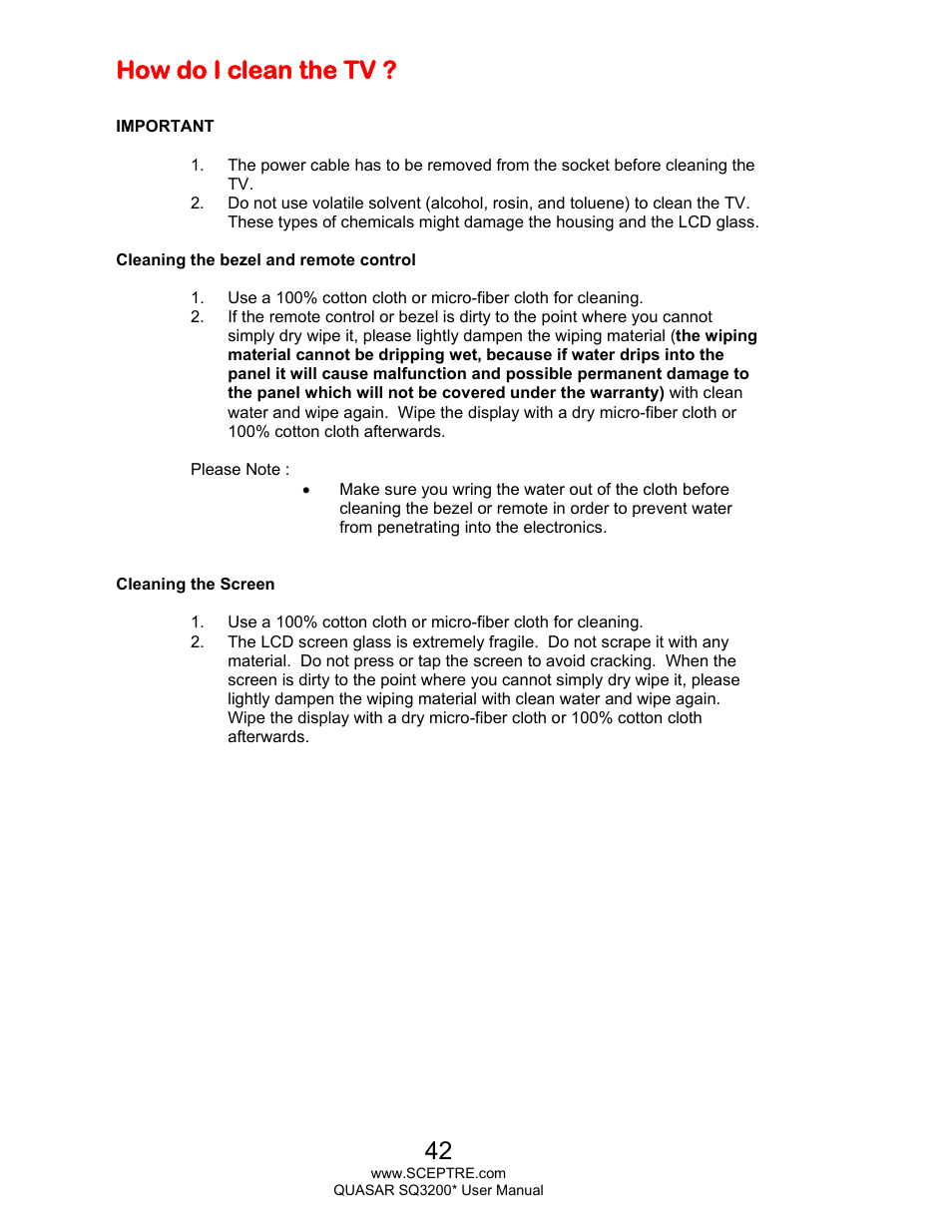 How do i clean the tv | Sceptre SQ3200 Star User Manual | Page 42 / 52