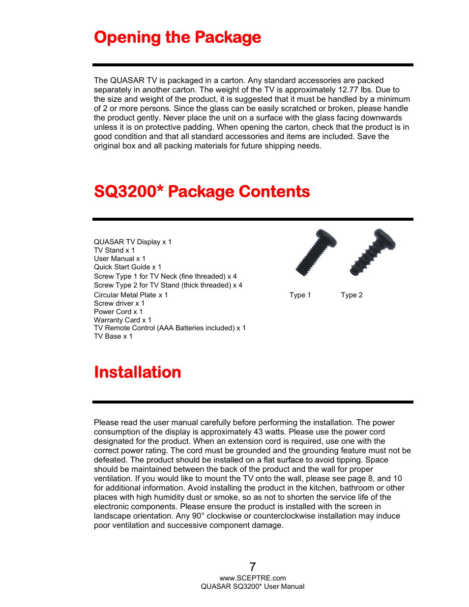 Opening the package, Sq3200* package contents, Installation | Sceptre SQ3200 Star User Manual | Page 7 / 52