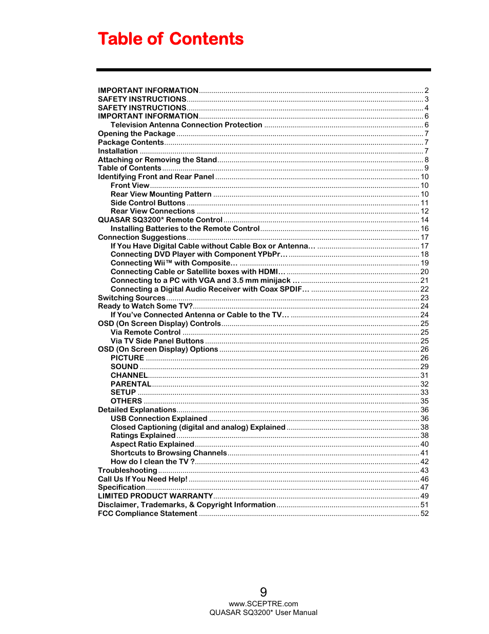 Sceptre SQ3200 Star User Manual | Page 9 / 52