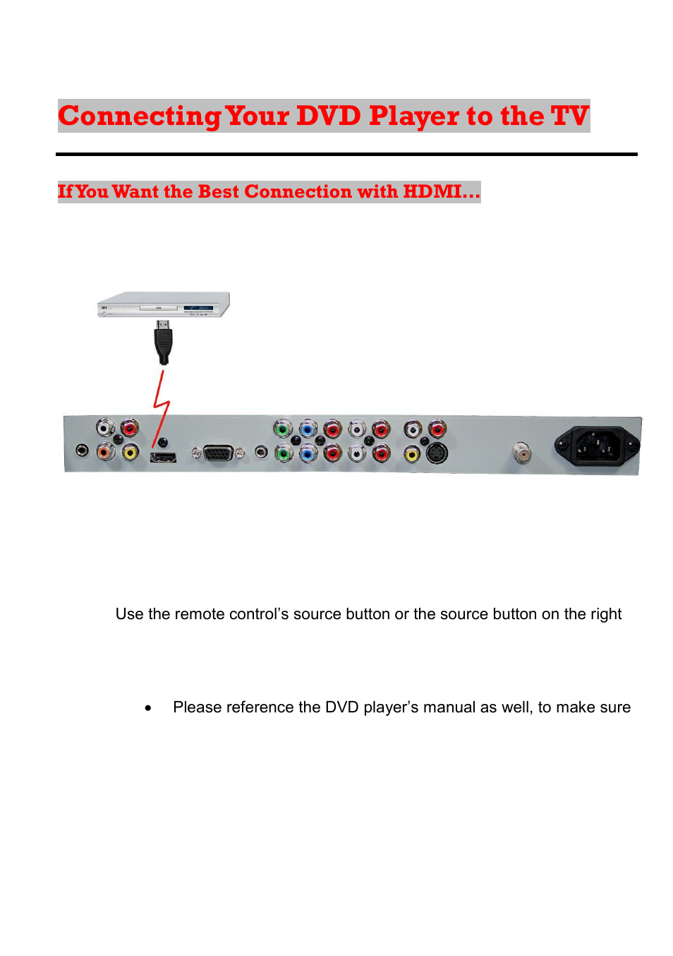 Connecting your dvd player to the tv, If you want the best connection with hdmi | Sceptre X23GV-KOMODO User Manual | Page 29 / 111